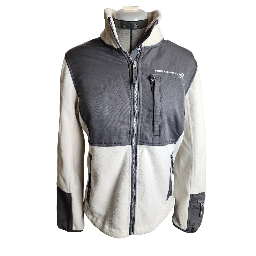 Free Country Womens Fleece Jacket Medium Cream Gray‎ Colorblock Full Zip Outdoor